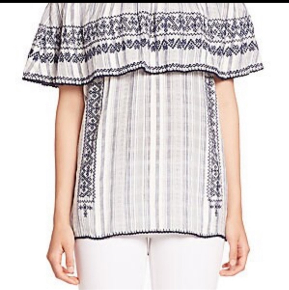 Calypso St. Barth Theta Cotton Embroidered Stripe Off The Shoulder Top